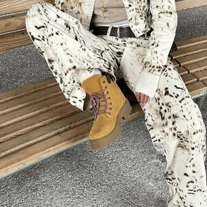 Davi & Dani Barrel Denim Jeans lace details Spotted Brown & Cream Size M New